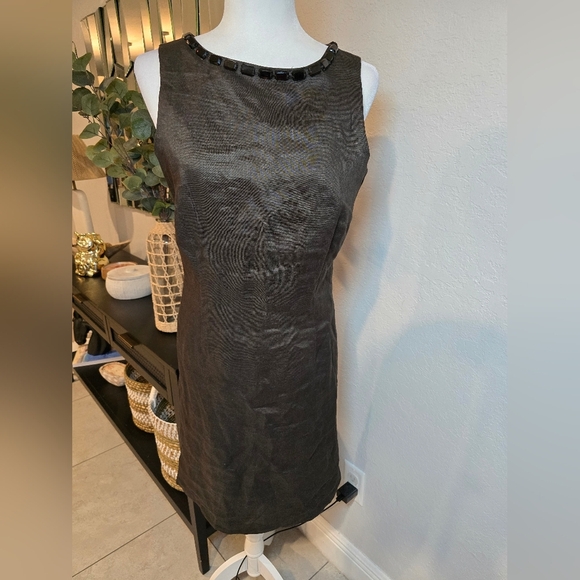 Zara Brown Midi Shift Dress Ramie Sleeveless Crystals Vintage Size L - Picture 1 of 8